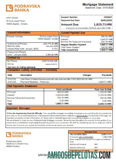 Declaração de hipoteca do Banco Podravska da Croácia Scr exemplo